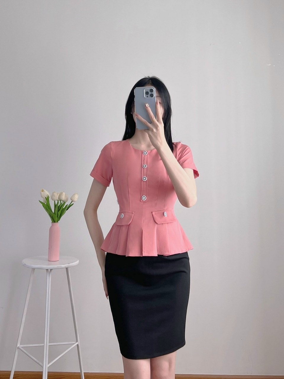 Áo kiểu peplum công sở xếp ly eo phối túi giả siêu xinh - A56160 - hàng thiết kế cao cấp