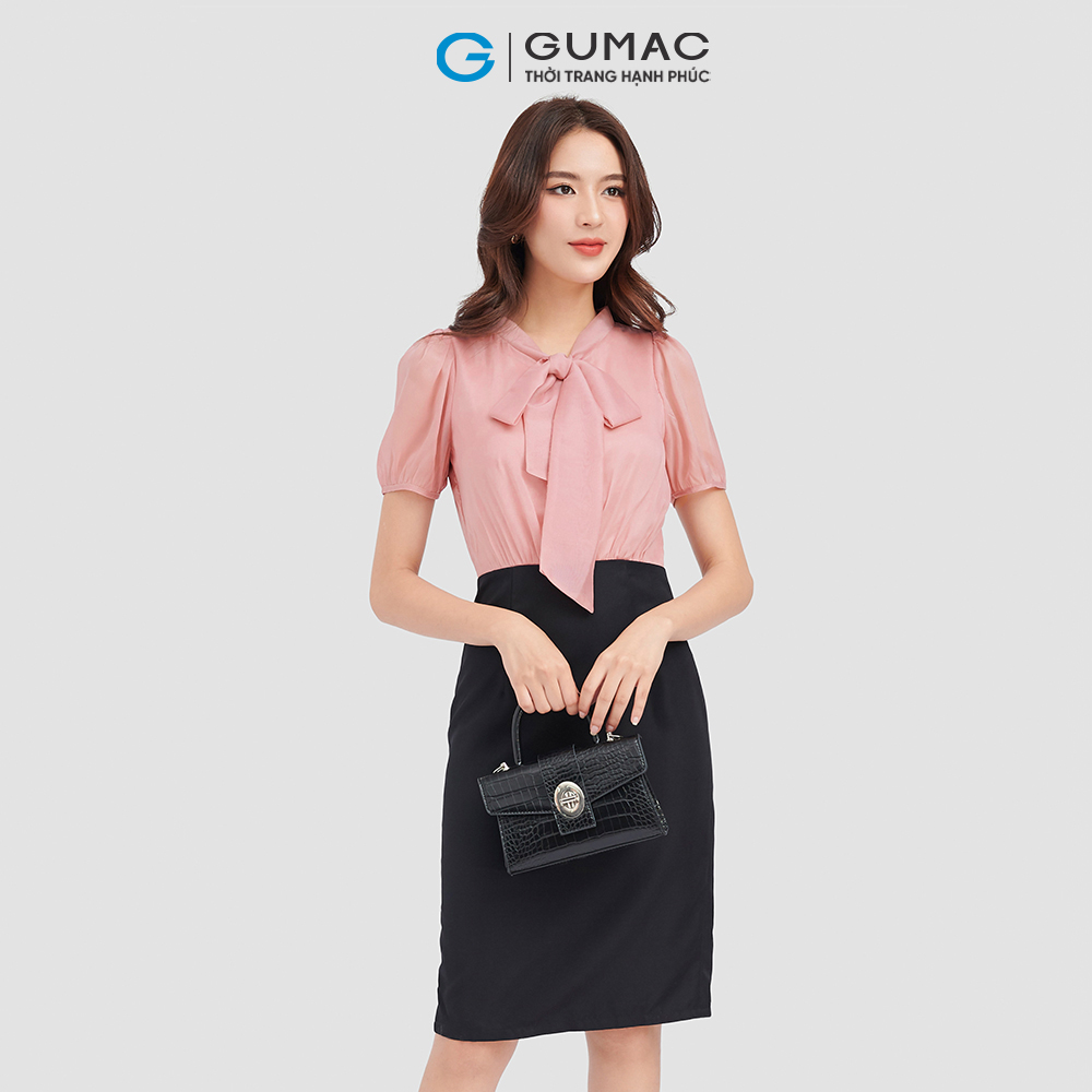 Đầm form U GUMAC DC09071 cổ nơ nhún eo thanh lịch