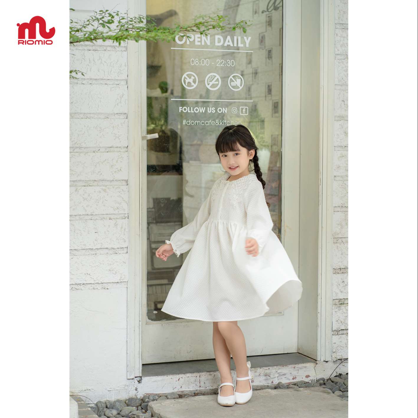 Váy bé gái 3-11 tuổi công chúa Riomio chất liệu xốp ô mềm mịn dáng suông cổ ren dài tay siêu xinh - RV310