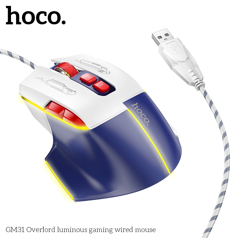 Chuột máy tính có dây Hoco GM31 siêu đẹp, chạy mượt, tùy chỉnh DPI 1200/1800/2400/3600, có 7 nút bấm - Hàng chính hãng