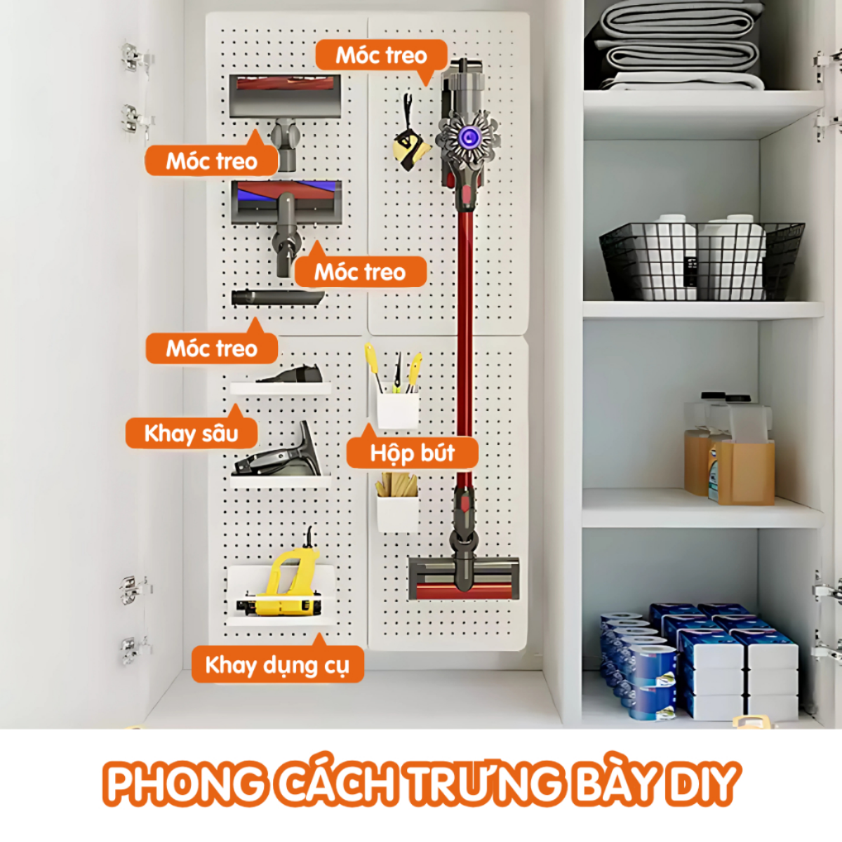 Bảng lỗ Pegboard Dola Home kim loại cao cấp. Kệ để máy hút bụi Dyson, đồ dùng gia đình và dụng cụ vệ sinh nhà cửa
