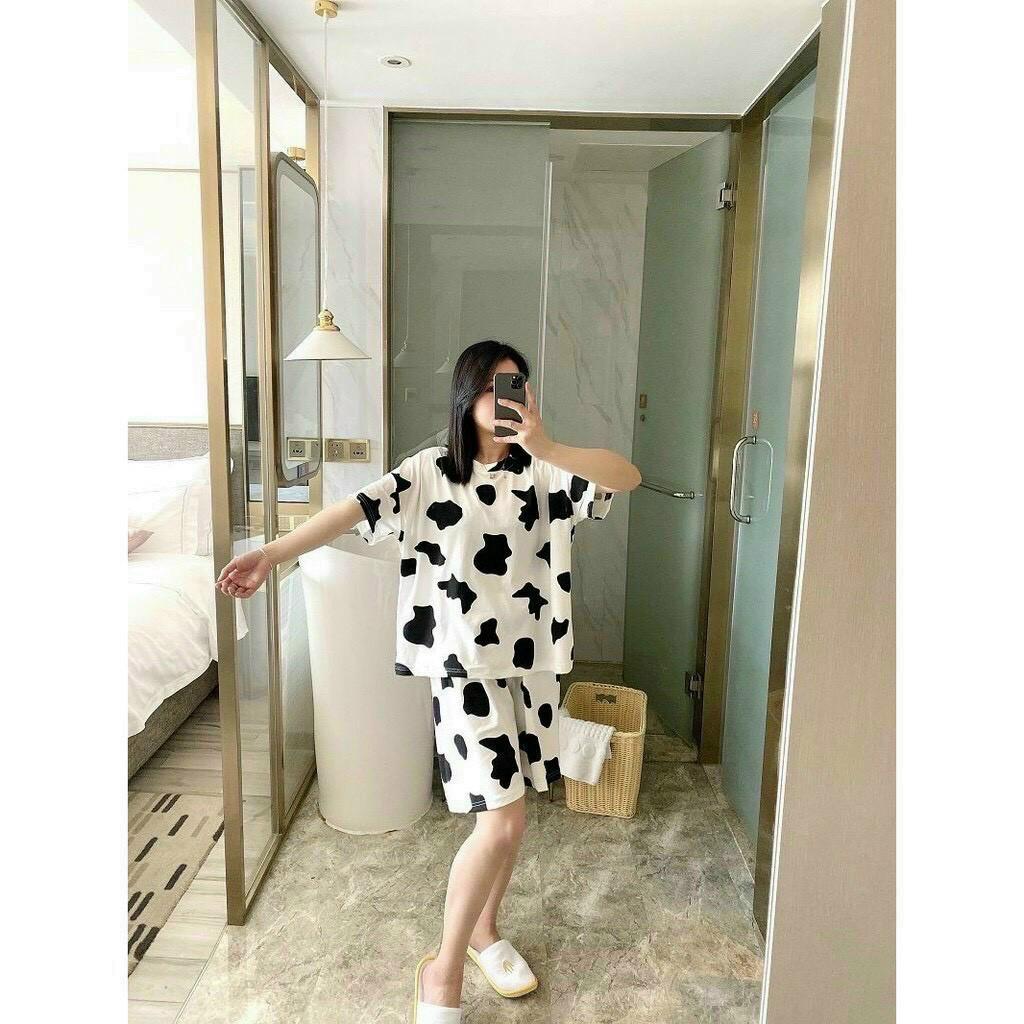 Set Bộ Thun In Hình Bò Sữa Tay Lỡ Kèm Quần Short Unisex Siêu Hot Hit
