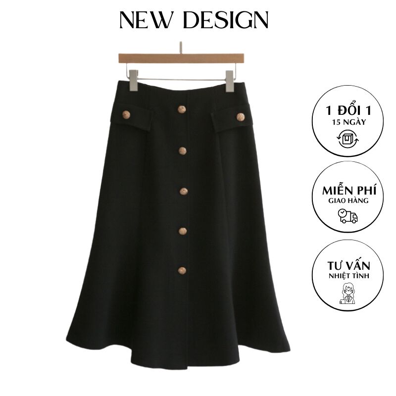 Chân Váy Công Sở New Design ,Thiết Kế Dáng Váy Chữ A Dài Qua Gối, Che Khuyết Điểm Phối Nút Kiểu Nữ, Vải Tốt Co Giãn Màu Đen CV0084