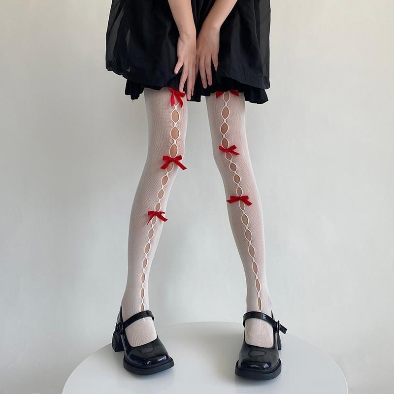 Quần tất/ vớ quần REN LƯỚI ĐÍNH NƠ DỌC phong cách lolita thoáng mát, cá tính, cosplay phong cách, thời gian hot.trend cho Nữ Women