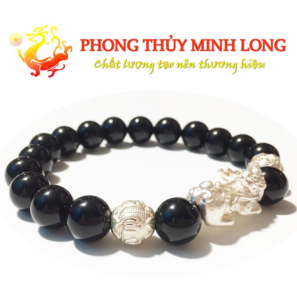 Vòng tay đá Mã Não Đen mix tỳ hưu và 2 hạt kim tiền bằng Bạc hợp mệnh Thủy và Mộc