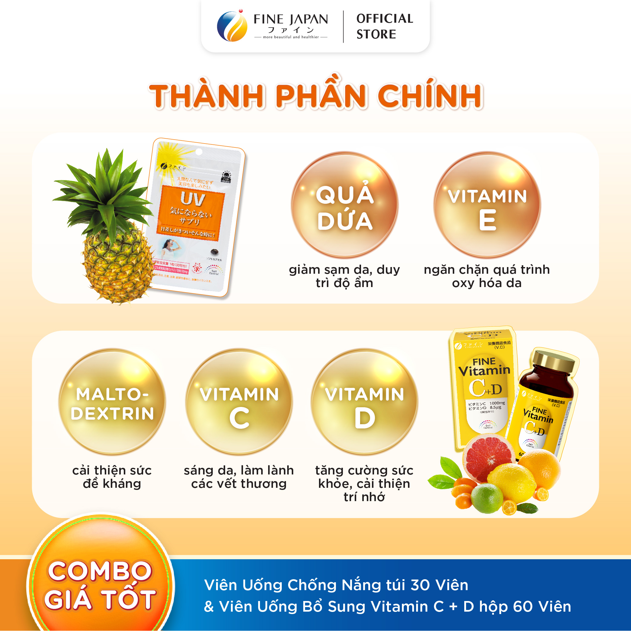 [UV & Vitamin CD] Combo Chống nắng sáng da FINE JAPAN - Viên uống chống nắng & Viên uống bổ sung Vitamin C + D 30 ngày