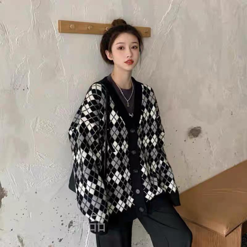 MS780 Áo khoác len cardigan kim cương form dài rộng cổ tim Hàn Quốc