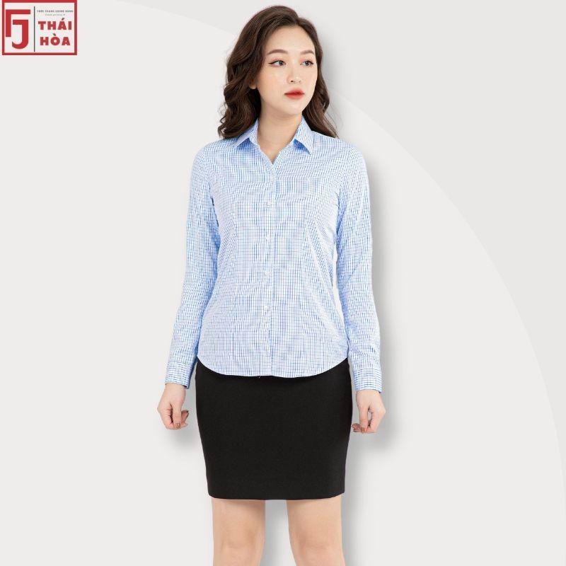 Sơ mi nữ Thái Hoà đẹp công sở cotton kẻ caro màu xanh dương A092-04-01