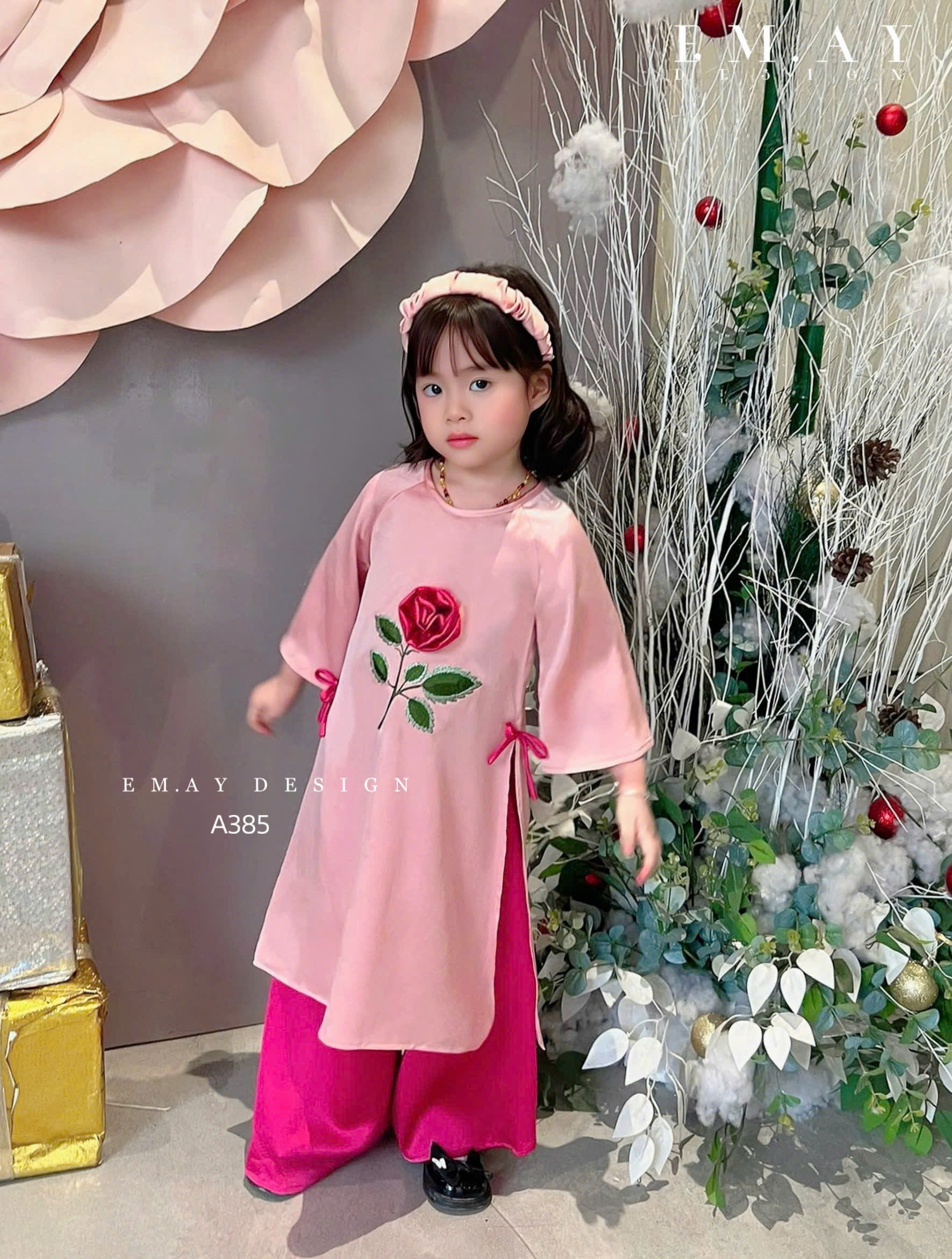 Áo dài cho bé gái mẫu Hoa hồng mùa xuân xinh xắn diện lễ tết năm mới từ 12-50kg hàng thiết kế cao cấp