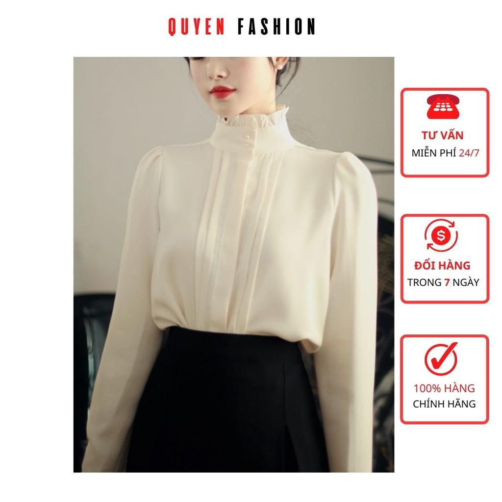 Áo Sơ Mi Công Sở Nữ Thời Trang Quyên Fashion, Mẫu Kiểu Cổ Lọ Kẹp Bèo Tay Dài Màu Trắng AA382
