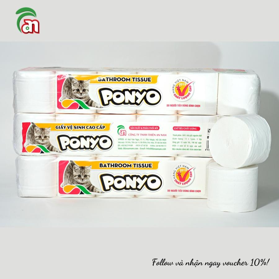 Giấy vệ sinh cuộn nhỏ có lõi cao cấp, thấm hút tốt PONYO 3 lớp 12 cuộn/lốc - Thiên An Nam paper