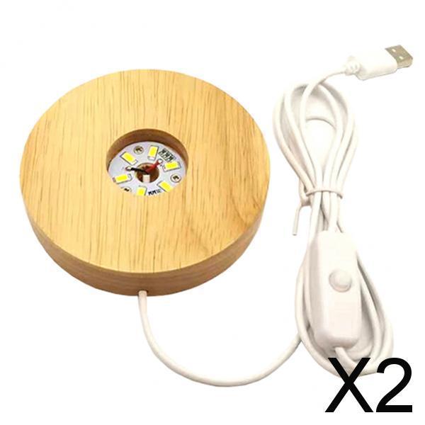2xWooden Round LED Light Base Display Stand Lamp for Crystals Ball White Light