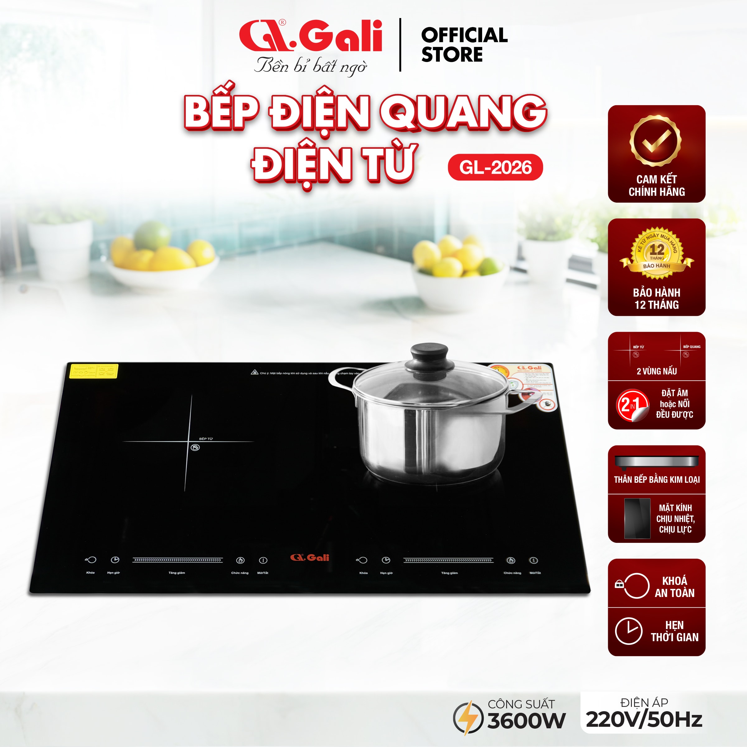 Bếp điện từ, điện quang, hồng ngoại đặt âm Gali GL-2025, 2in1, 3600w hàng chính hãng nhập khẩu Gali bảo hành 24 tháng