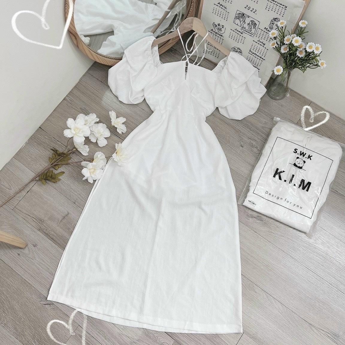 ĐẦM SUÔNG DÀI CỔ U DÂY YẾM XẺ ĐÙI MIDI TAY BỒNG TRẮNG ĐI BIỂN DẠO PHỐ DỰ TIỆC