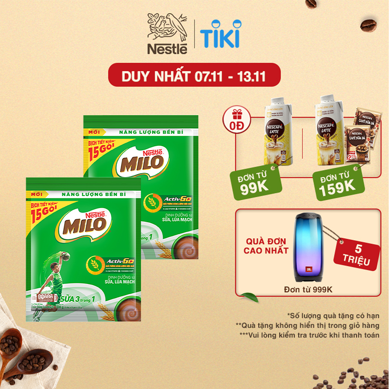 Combo 2 bịch thức uống lúa mạch Nestlé Milo sữa 3 trong 1 (Bịch 15 gói x 22g)