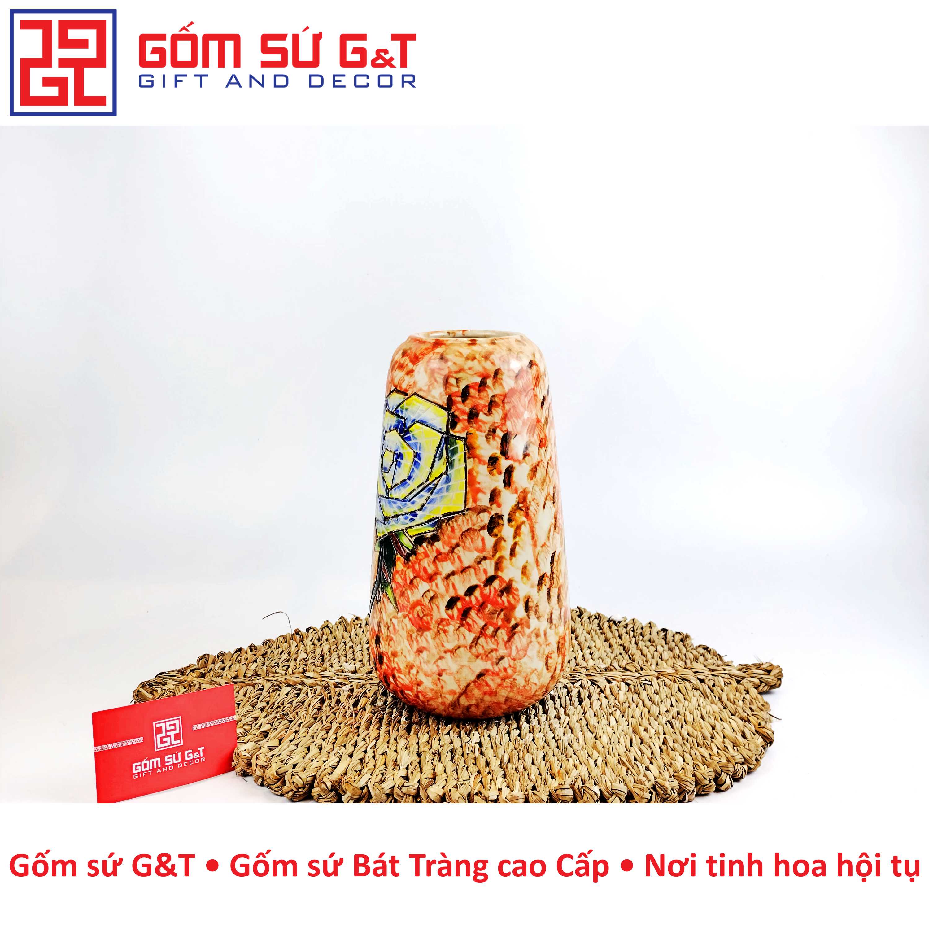 Lọ hoa dáng đu đủ vẽ hoa hồng xanh Gốm Sứ G&T