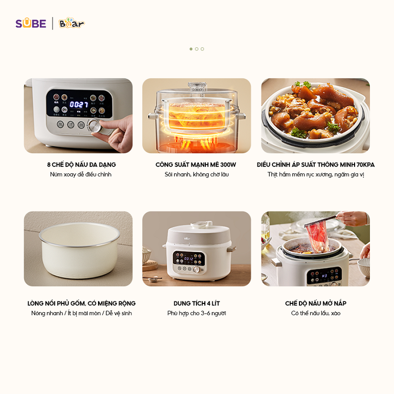Nồi Áp Suất 4L Bear Đa Năng 8 Chế Độ Ninh Hầm Lẩu Nướng Sôi Nhanh Chống Dính Dễ Vệ Sinh An Toàn Bản Tiếng Việt SB-AS40W - Hàng Chính Hãng