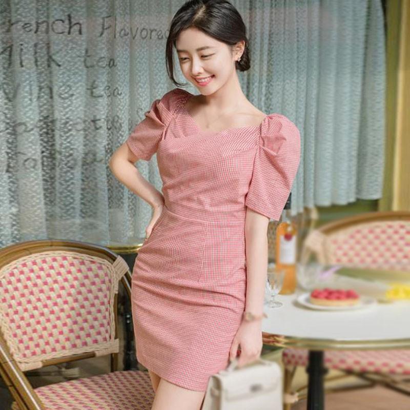 Đầm Nữ Ngắn Tay Cổ Chữ V Ca Rô Thời Trang Hàn