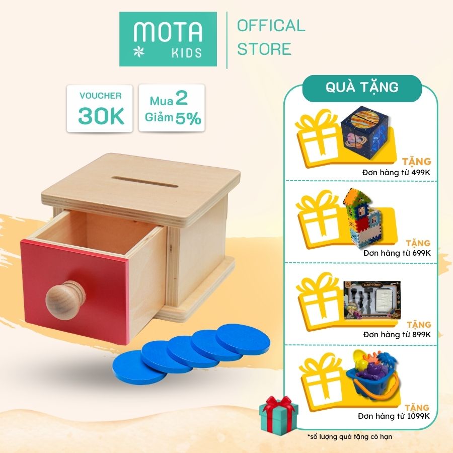Đồ chơi hộp thả xu có ngăn kéo cho bé từ 15-18 tháng Montessori Mota- Phát triển thị giác &amp; sử dụng tay- Hàng chính hãng