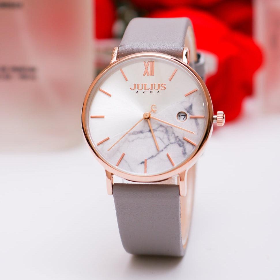 Đồng Hồ Nữ Chính Hãng Julius Cao Cấp Dây Da Mặt Tròn Chống Nước Kính Khoáng Đường Kính 36mm JA-1312A