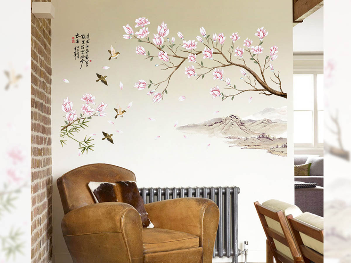 Decal trang trí tết- hoa đào phong thủy núi sông