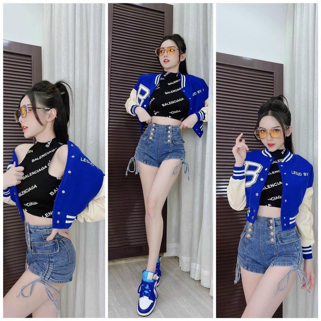 Áo khoác bomber croptop Chữ B nữ dáng lửng Cam Phối tay trắng rộng bấm cúc sexy hàn quốc