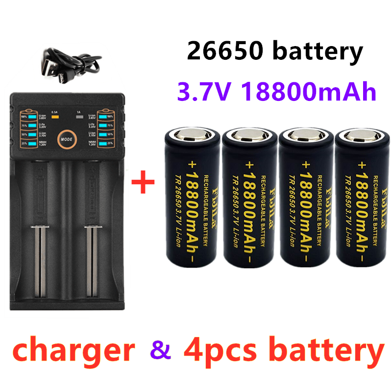 2022 Pin 26650 chất lượng cao mới 18800mAh 3.7V 50A có thể sạc lại lithium ion cho đèn pin LED + bộ sạc Điện áp danh định: 3.7V