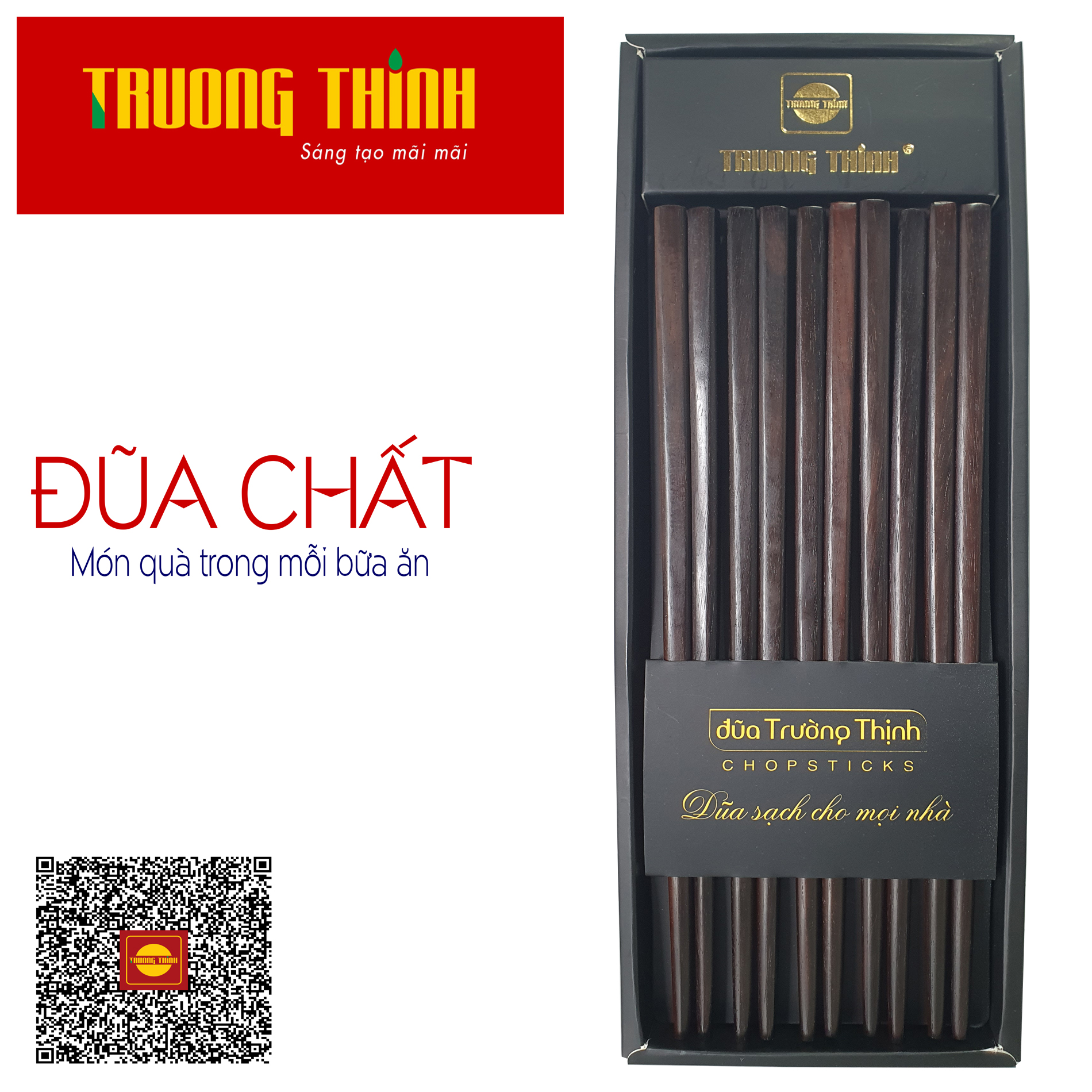 Đũa Gỗ Trắc Đen Cao Cấp Trường Thịnh Loại Đặc Biệt/ Hộp Màu Đen/ 10 Đôi Vuông Trơn