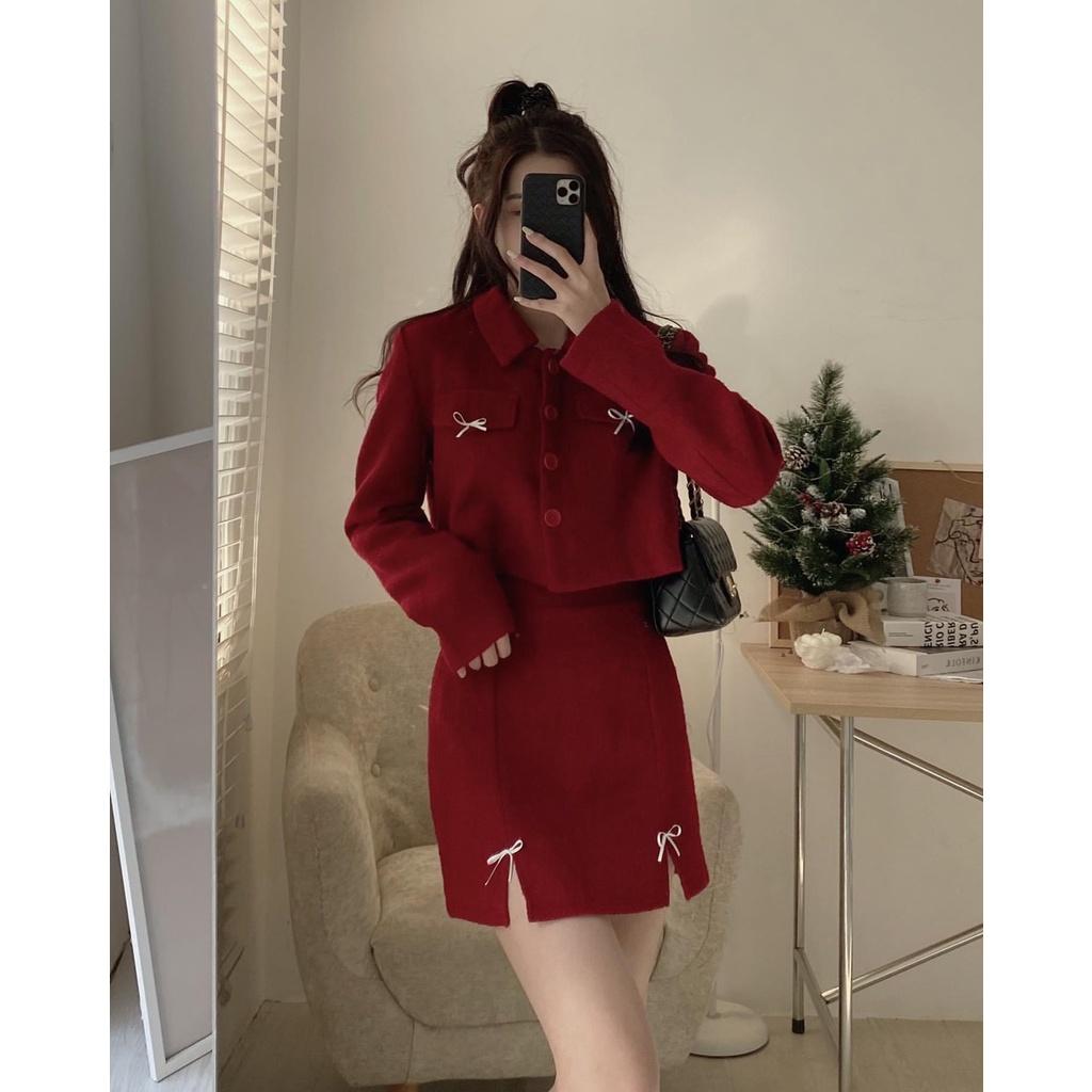 Set dạ tweed đỏ xẻ nơ tặng kèm mũ nồi