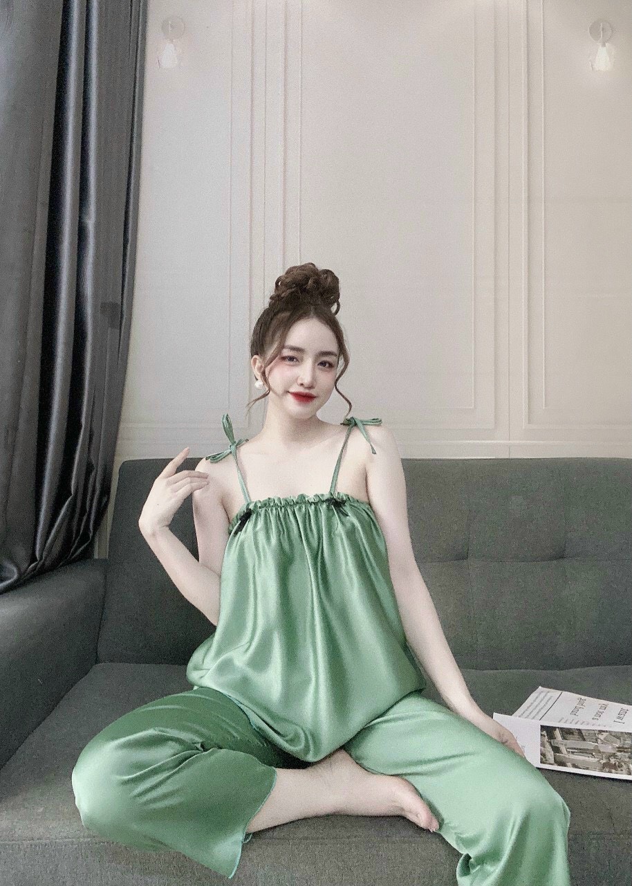 Đồ Bộ Lụa 2 Dây Nữ, Bộ Mặc Nhà 2 Dây Nữ Lụa Satin cột vai, Freesize 40_58kg, tùy chiều cao