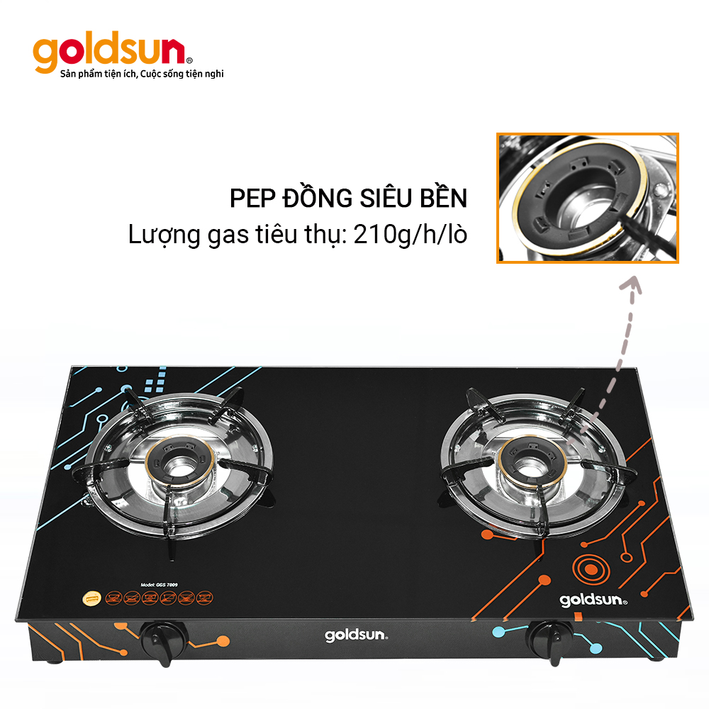 Bếp Ga Đôi Goldsun GGS7009 Mặt Kính Cường Lực, Đánh Lửa Magneto - Hàng Chính Hãng