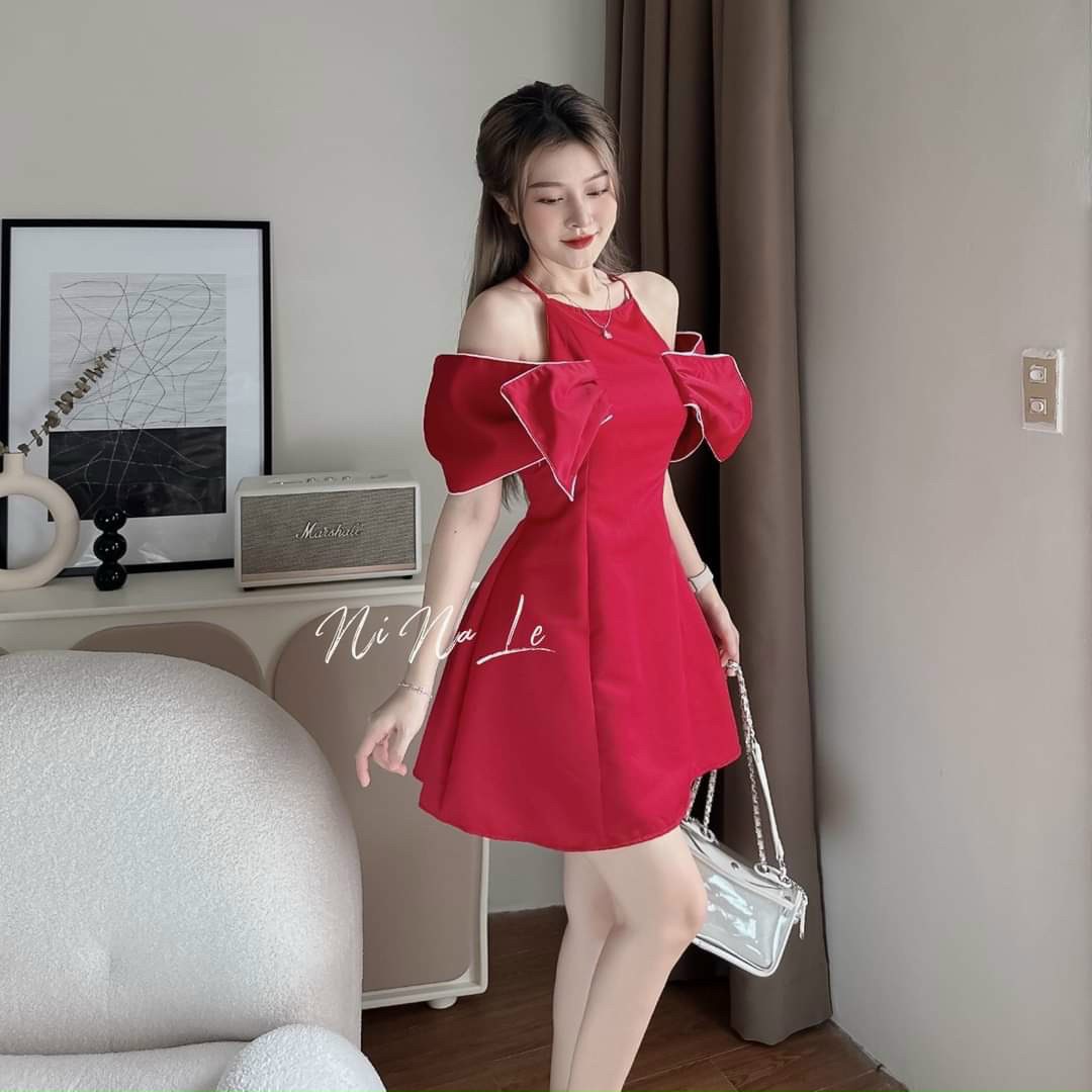 ĐẦM CỔ YẾM NƠ TAY VIỀN 2 MÀU Y HÌNH
