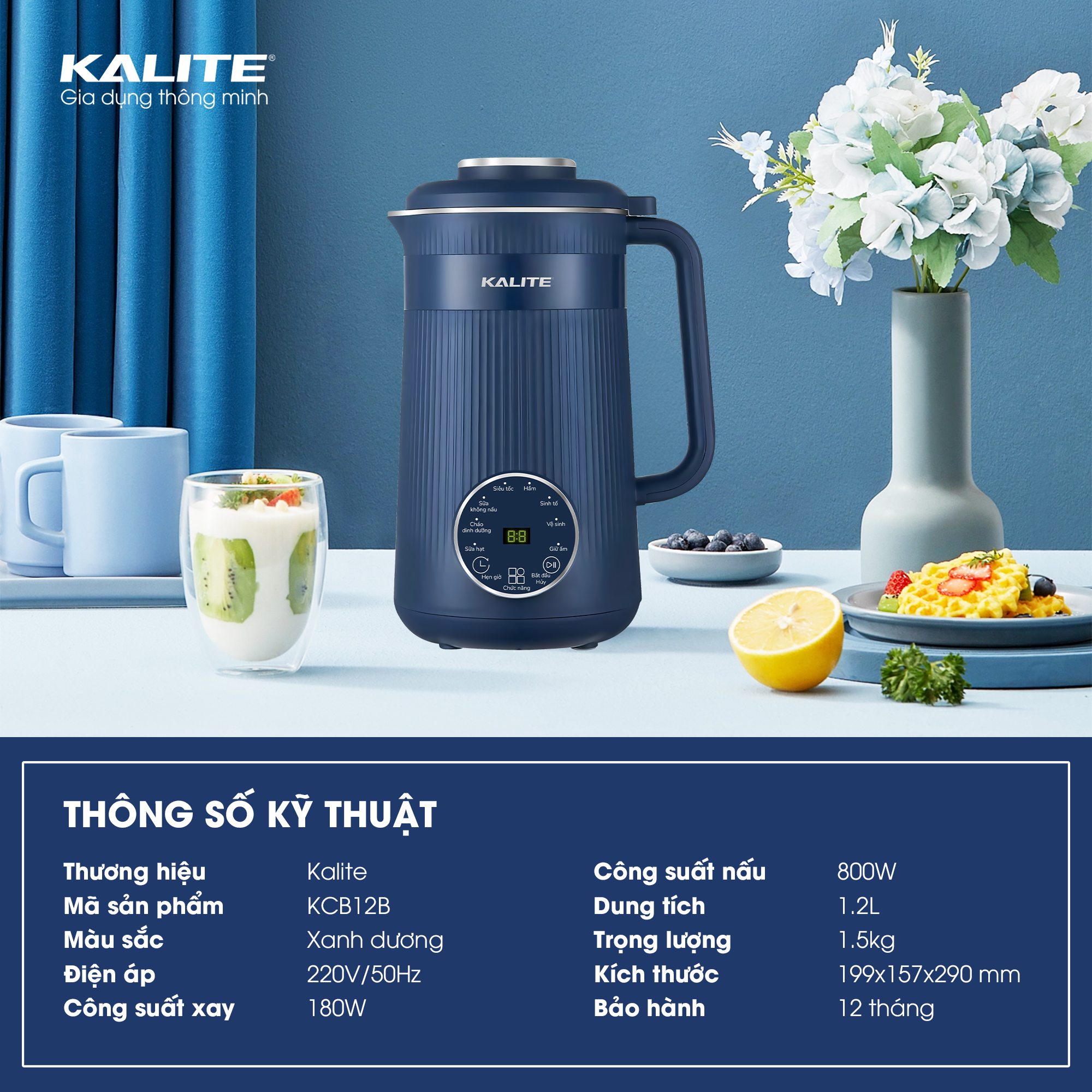 Máy làm sữa hạt mini Kalite KCB12B, dung tích 1.2l, đa chức năng cao cấp, thiết kế hiện đại, hoạt động êm ái bền bỉ- hàng chính hãng