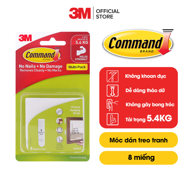 Bộ 16 Miếng Dán Treo Tranh Command 3M Tải Trọng 5.4Kg Dễ Sử Dụng, Độ Bền Cao, Bám Cực Chắc, Tháo Cực Dễ, Không Khoan Đục, Không Bong Tróc, Không Gây Hại Bề Mặt 17206 - Combo 2 Vỉ