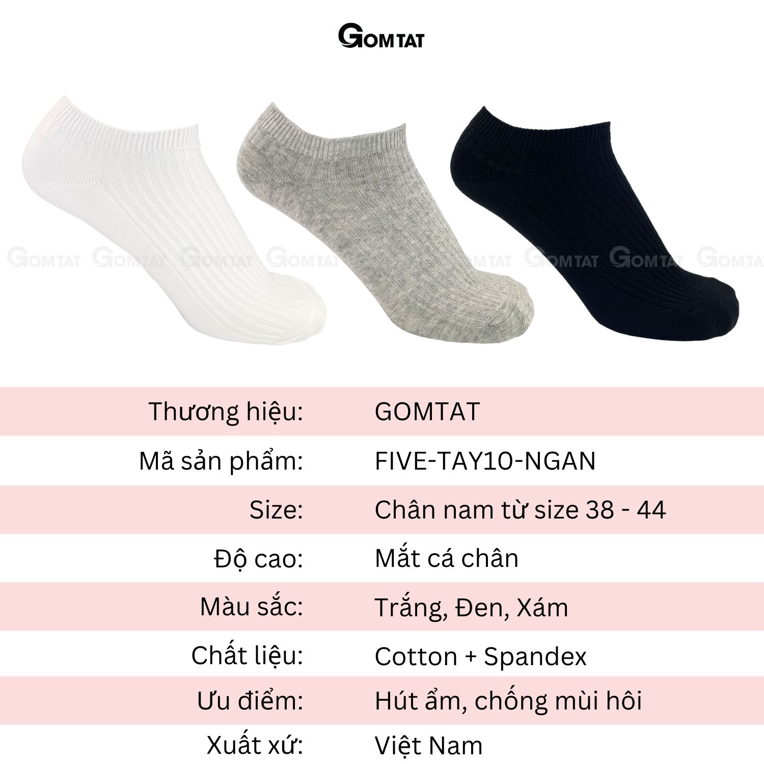 Combo 5 đôi tất nam cổ ngắn gân chìm, vớ nam ngắn cổ chất liệu cotton hút ẩm thoáng khí -FIVE-TAY10-NGAN-CB5