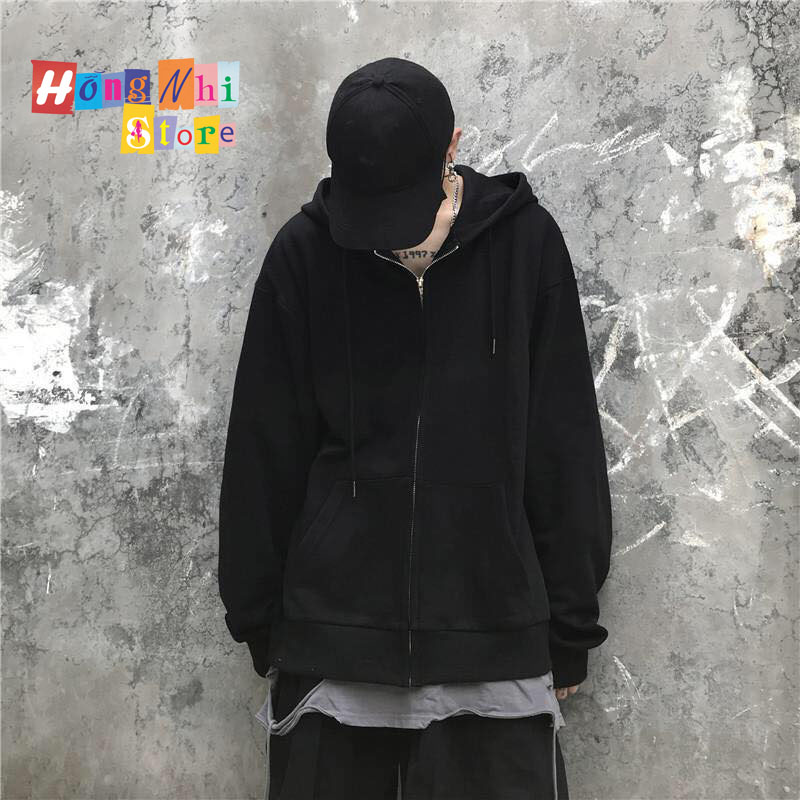 Áo Hoodie Zip Unisex Black - Khoác Hoodie Dây Kéo Dáng Rộng Màu Đen - MM