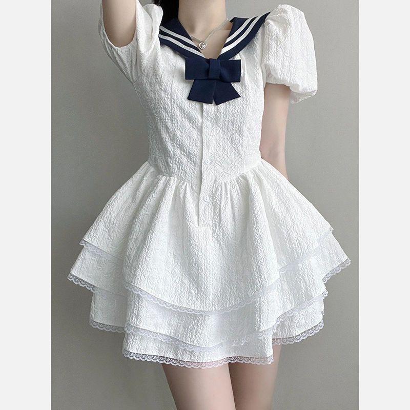 SHUANGYAN Hải quân cổ Ultra Fairy Bouffant váy cho phụ nữ mùa hè ren ren nhỏ bong bóng tay áo thắt lưng đầm cao eo