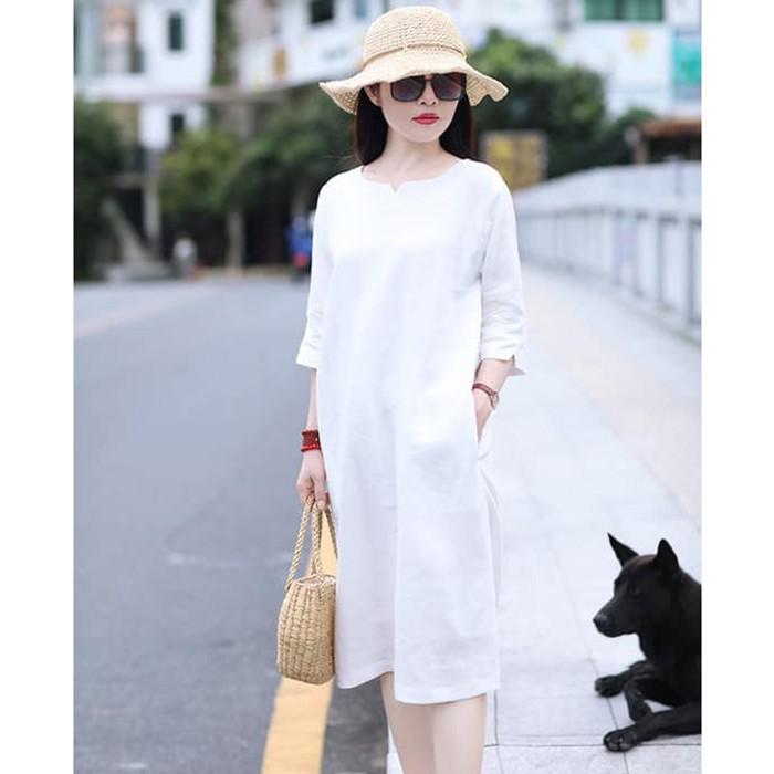 Đầm suông linen tay lỡ màu trắng đai rời, chất vải linen mềm mát, thời trang phong cách Hàn Quốc