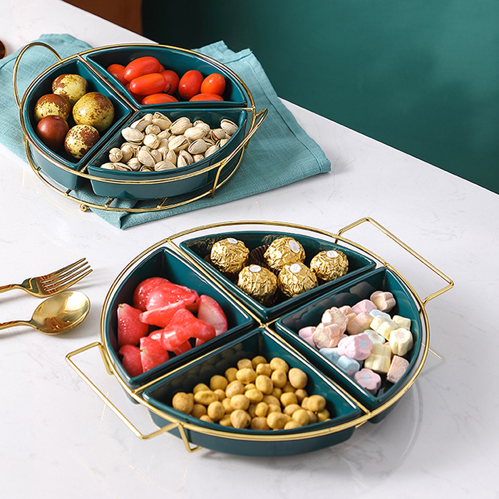 Khay mứt, hạt quả khô sứ tròn khung kim loại
