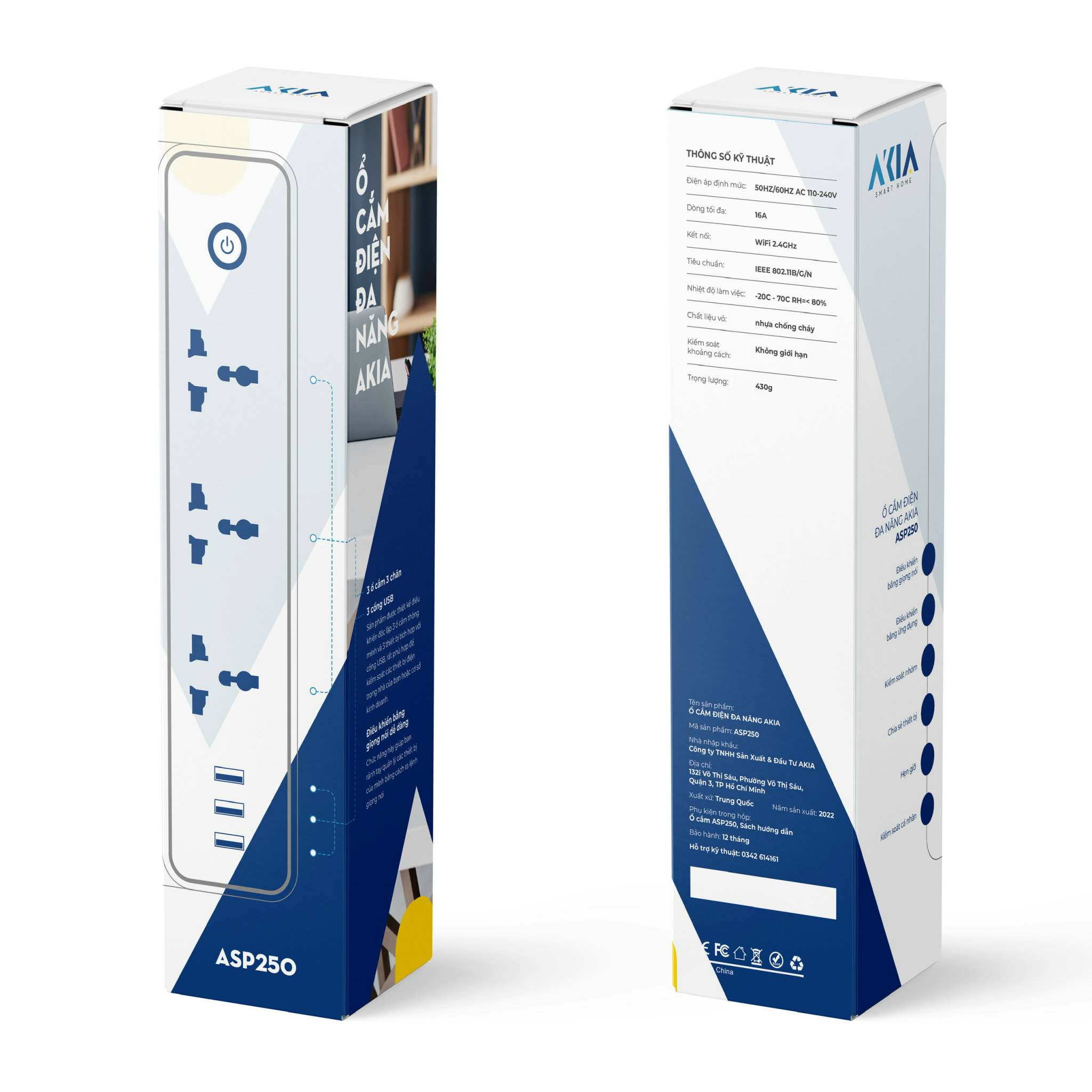 Ổ cắm điện thông minh Tuya wifi AKIA ASP250, ổ cắm dài - 3 ổ cắm độc lập, 3 jack USB sạc nhanh, tương thích Smart Life - Hàng Chính Hãng