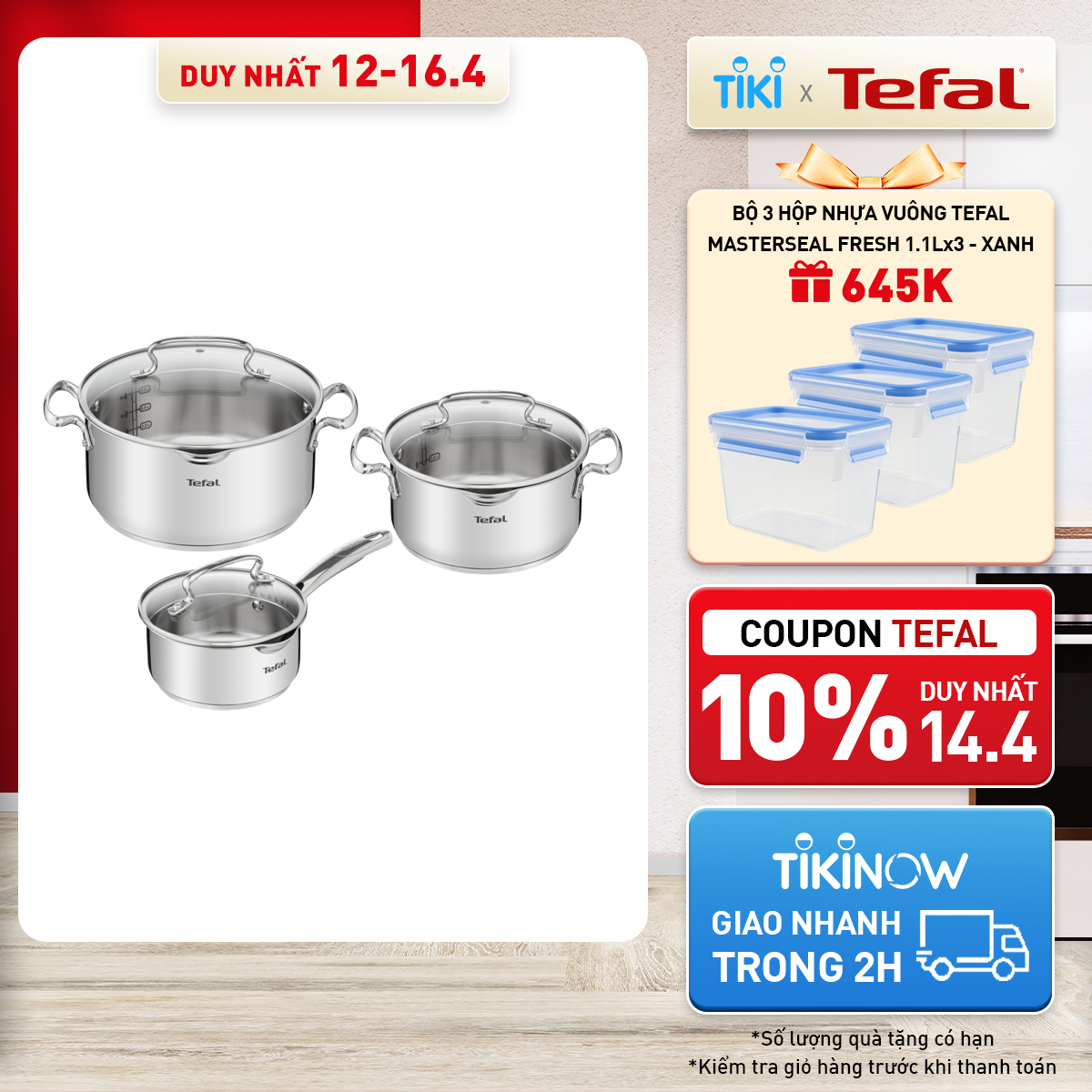 Bộ 3 nồi inox cao cấp Tefal Duetto Plus (Quánh 16cm - 1.4L, Nồi 20cm - 2.8L, Nồi 24cm - 4.9L) - Hàng chính hãng