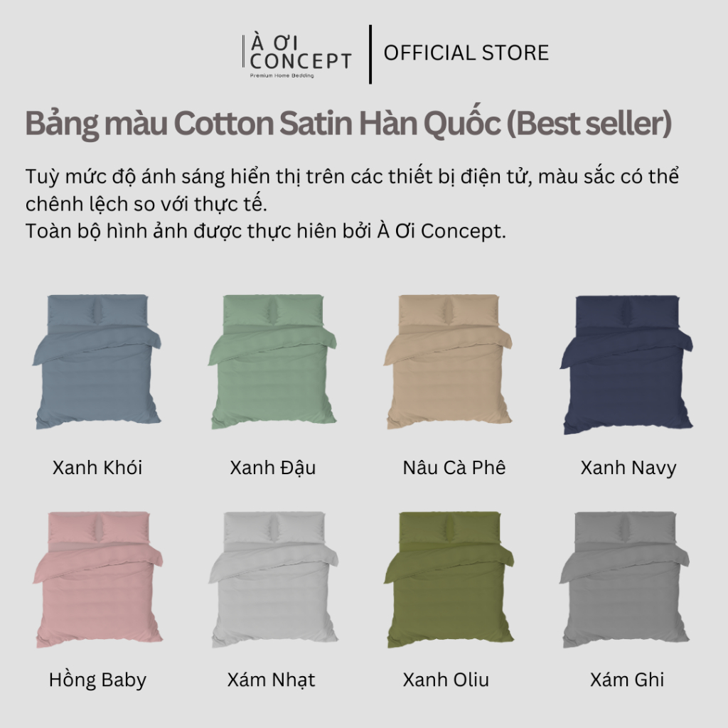 Bộ Chăn Ga Gối 4 Món Cotton Satin Size 1m8 x 2m Trơn Nhiều Màu À Ơi Concept cao cấp Hàn Quốc