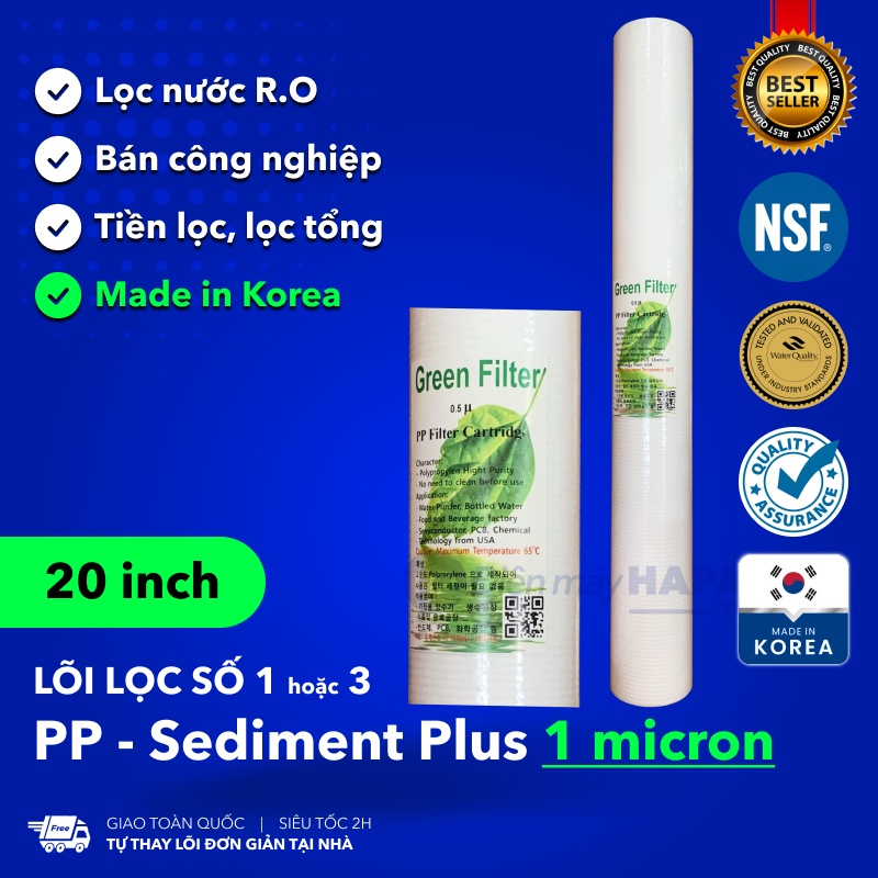 Lõi Lọc PP 1 micron GREEN FILTER 20 inch Cao Cấp - Lõi Lọc Nước Số 1 Bán Công Nghiệp 20in - Hàng Chất Lượng - Lõi Dùng Cho Tất Cả Dòng Máy Lọc Nước RO Karofi Sunhouse Kangaroo Daikiosan Toshiba Ava Mutosi Prowatech AquaYaki Aqualife Vithaco