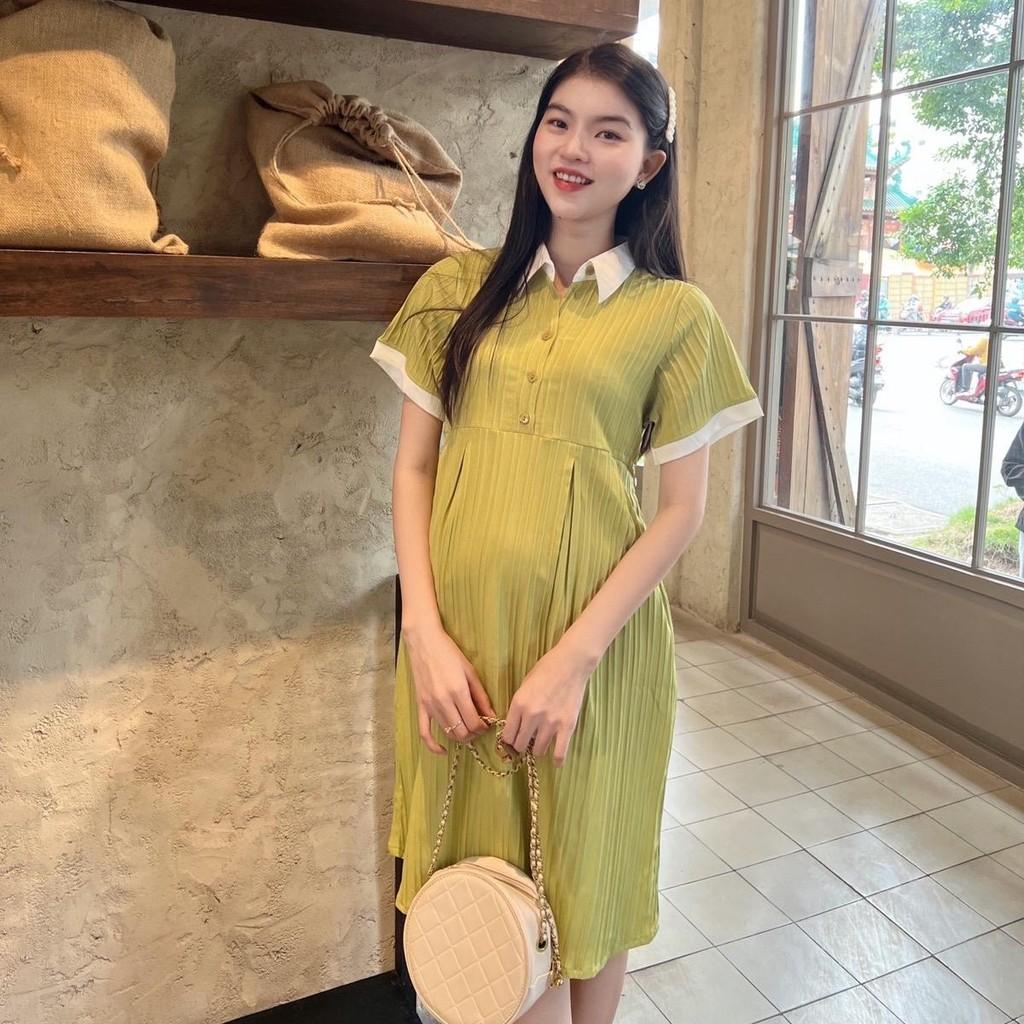 Đầm bầu babydoll đũi gân cổ sơ mi thanh lịch, phối màu bầu diện dễ thương - Đen