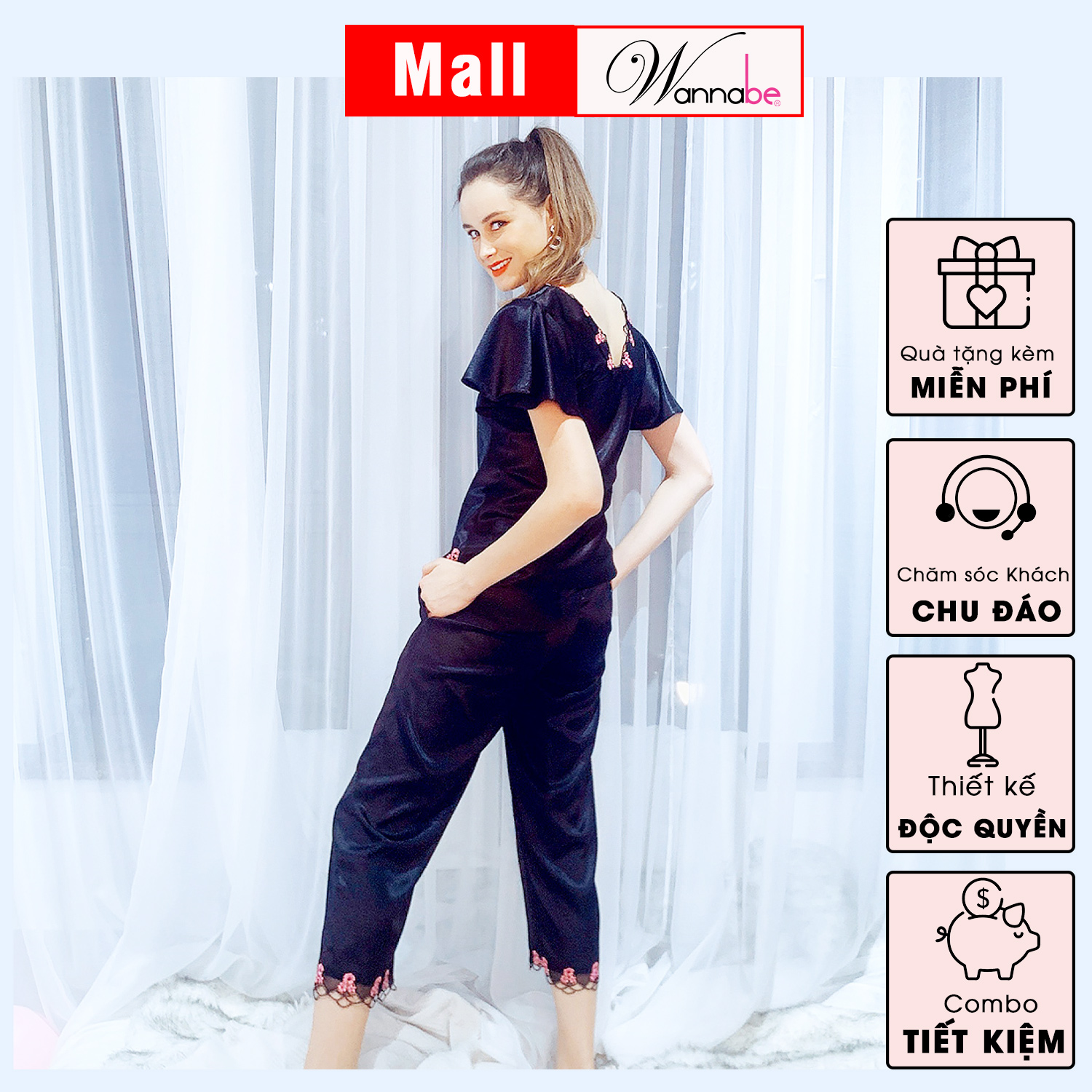 Đồ bộ mặc nhà phi lụa Wannabe, bộ dài BDS08 cổ tim phối ren hoa nhẹ nhàng