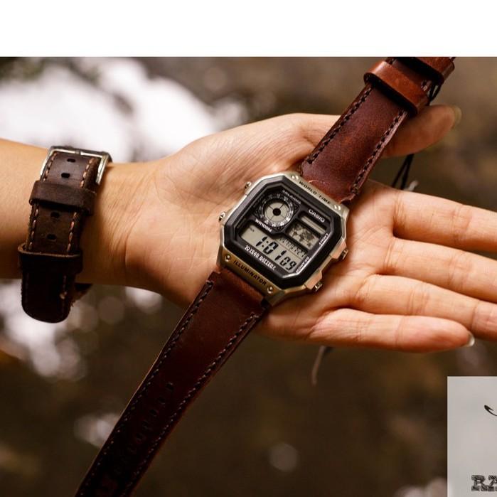 Dây đồng hồ RAM Leather cho casio ae1200/seiko5 da bò thật 1981 nâu đỏ
