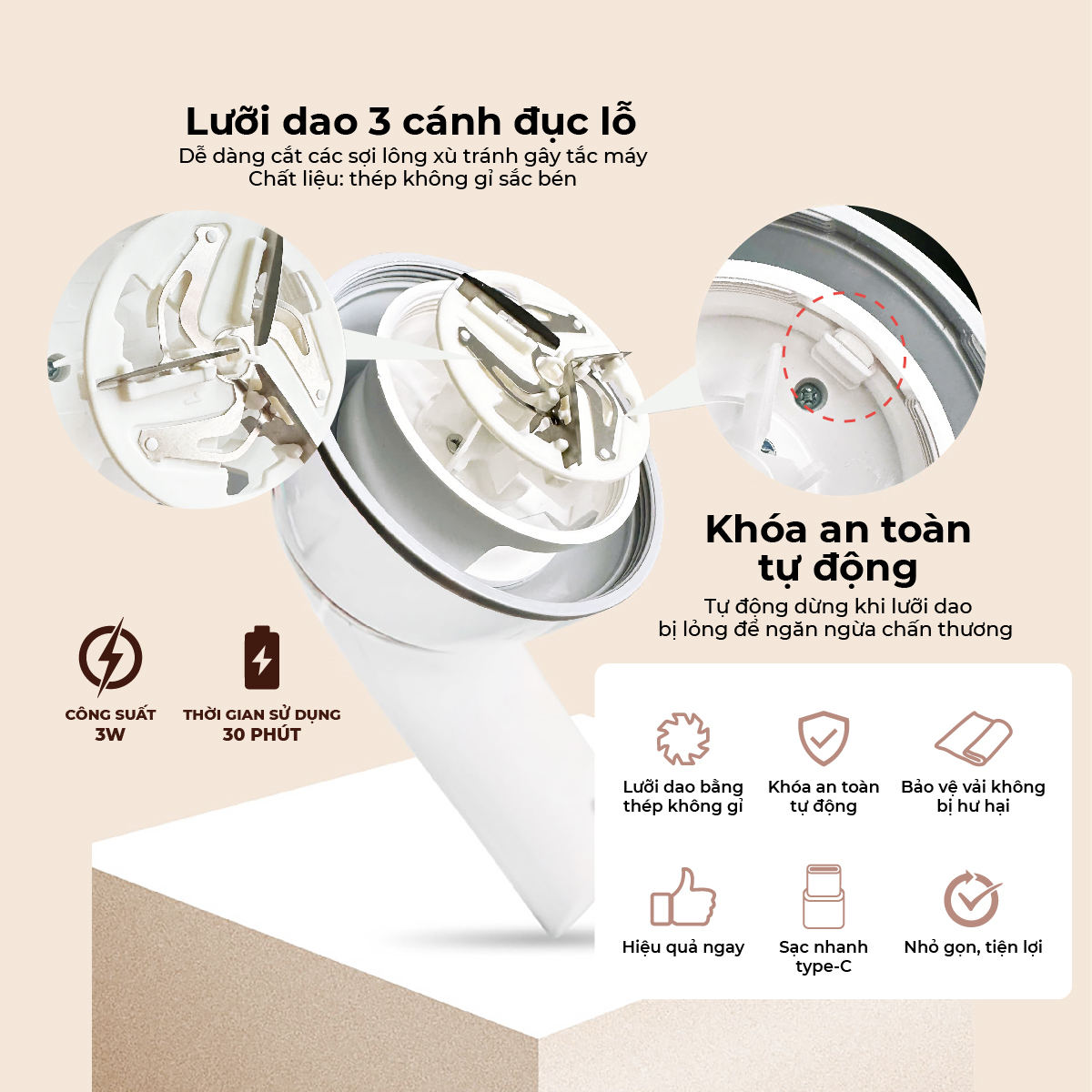 Máy cắt lông xù Lebenlang ZZ01, công suất 3W, sử dụng lên đến 30 phút, bảo hành 2 năm - hàng chính hãng