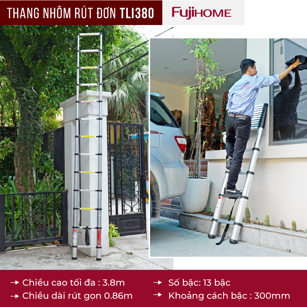 Hình ảnh Thang nhôm rút gọn đơn chữ I FUJIHOME TLI380 ( Cao 3,8m, rút gọn 0,86m) Hàng chính hãng