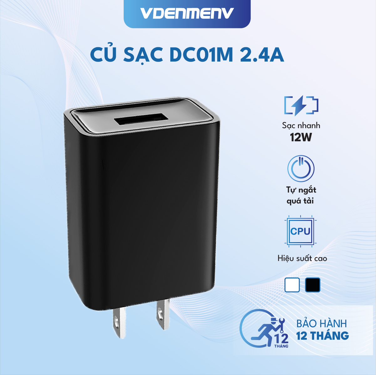 Sạc Nhanh 12W VDENMENV DC01M (2.4A) Vỏ Nhựa ABS Chống Cháy Nổ Khi Quá Tải Điện -Hàng Chính Hãng