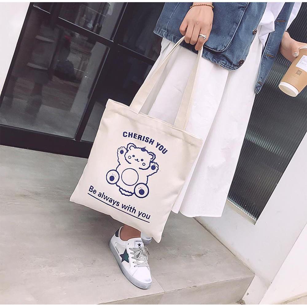 Túi Tote Vải Mộc Ginko kiểu basic có dây kéo khóa miệng túi đựng vừa laptop 14 inch và nhiều đồ dùng khác In Hình Cherish You M19